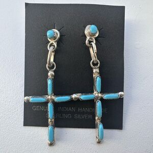 Zuni Hopi Native American Sterling Silver Cross Earrings Dangle Turquoise 1 7/8"